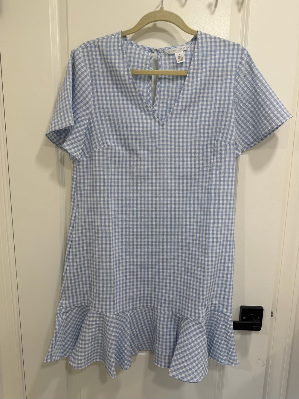 London Times Light Blue Gingham Ruffle-Hem Midi Dress